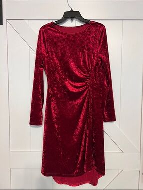 Red Crushed Velvet Ruched Long Sleeve Dress Size Large